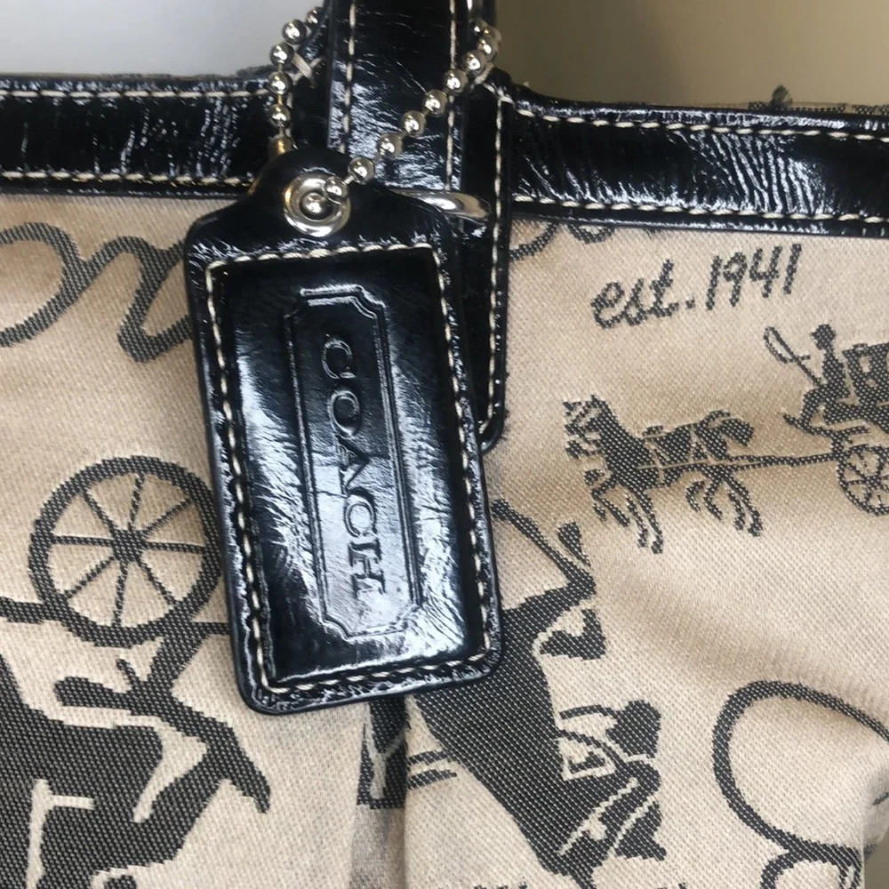 COACH Vintage Horse & Carriage Tan Satin Shoulder Bag  Black Leather Straps